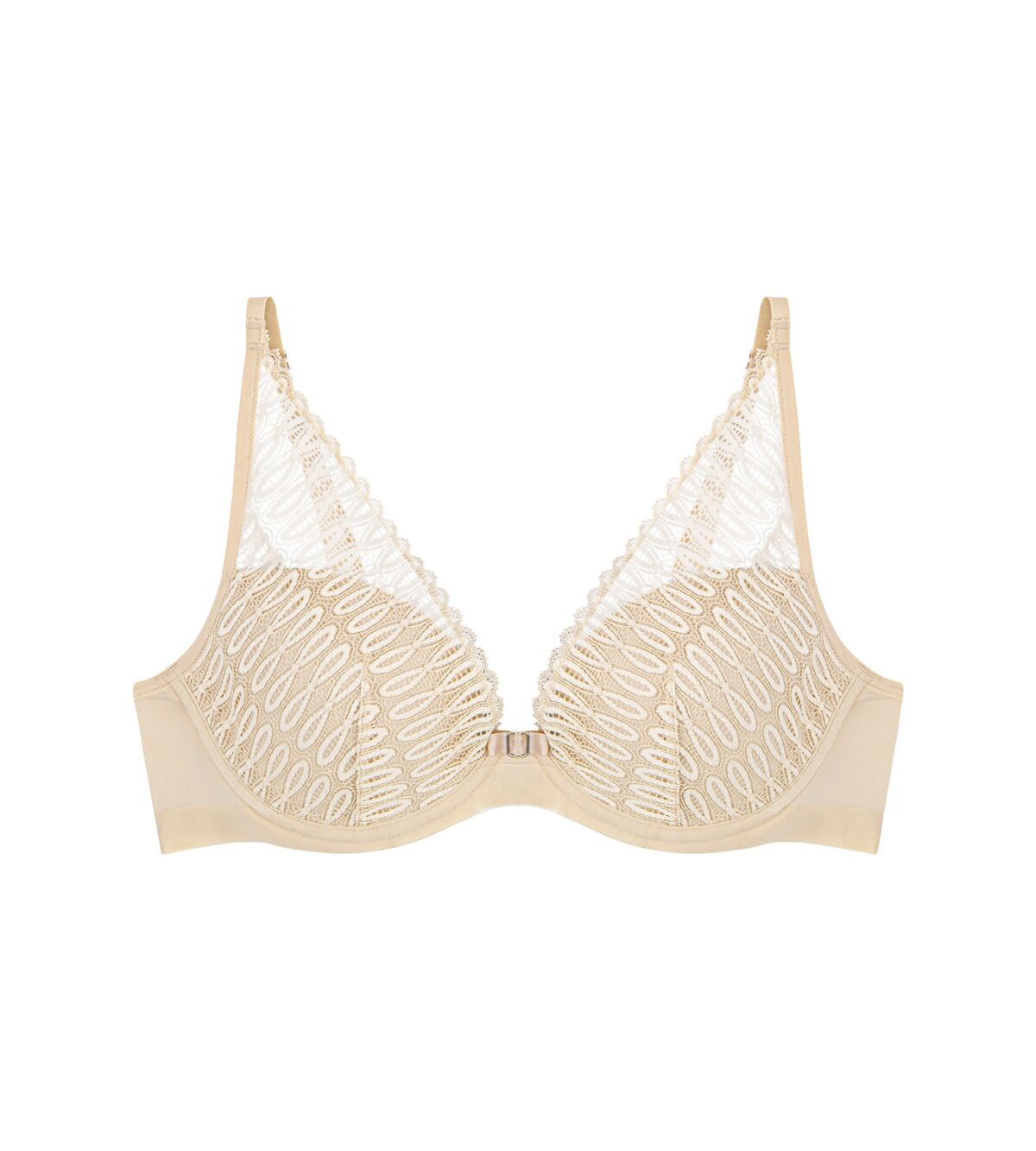 Triumph Aura Spotlight wired padded bra in light beige product-only view, showing the lace-overlaid cups and comfortable underwired design. Shop Now Online