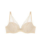 Triumph Aura Spotlight wired padded bra in light beige product-only view, showing the lace-overlaid cups and comfortable underwired design. Shop Now Online