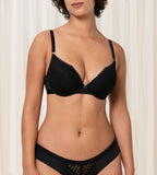 Triumph Aura Spotlight wired push-up bra in black model front view, highlighting the padded cups and elegant lace detailing. Order Online Today