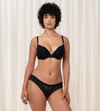 Triumph Aura Spotlight wired push-up bra in black model full front view, highlighting the padded cups and elegant lace detailing. Order Online Today