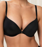 Triumph Body Make-Up Essentials black wired push-up bra model close-up view, showcasing the smooth cups and plunging neckline. Order Online Today