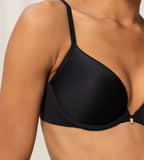 Triumph Body Make-Up Essentials black wired push-up bra second model close-up view, showcasing the smooth cups and plunging neckline. Order Online Today