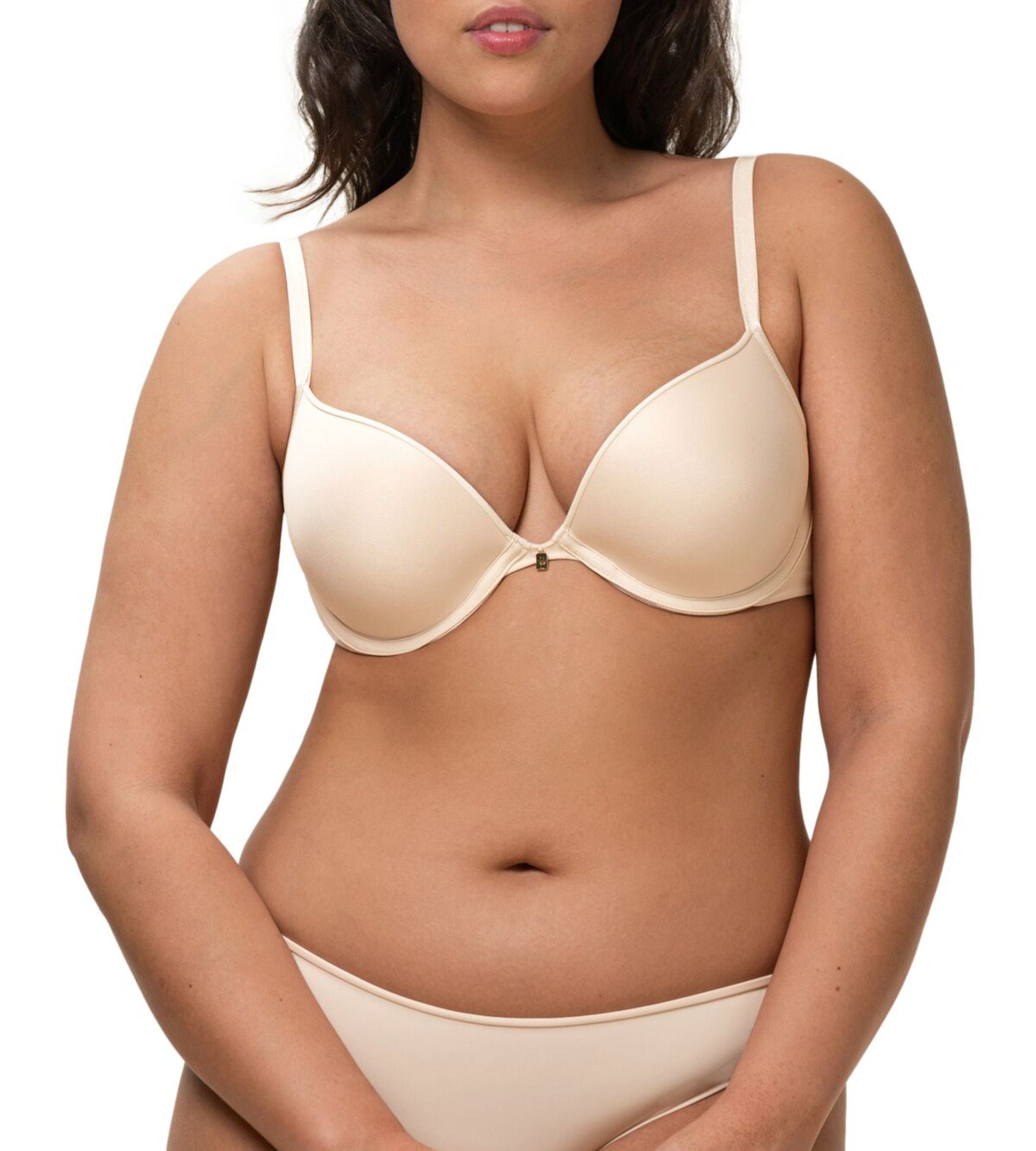 Triumph Body Make-Up Essentials nude beige push-up bra model front view, showing the smooth padded cups and plunging neckline. Now Available Online