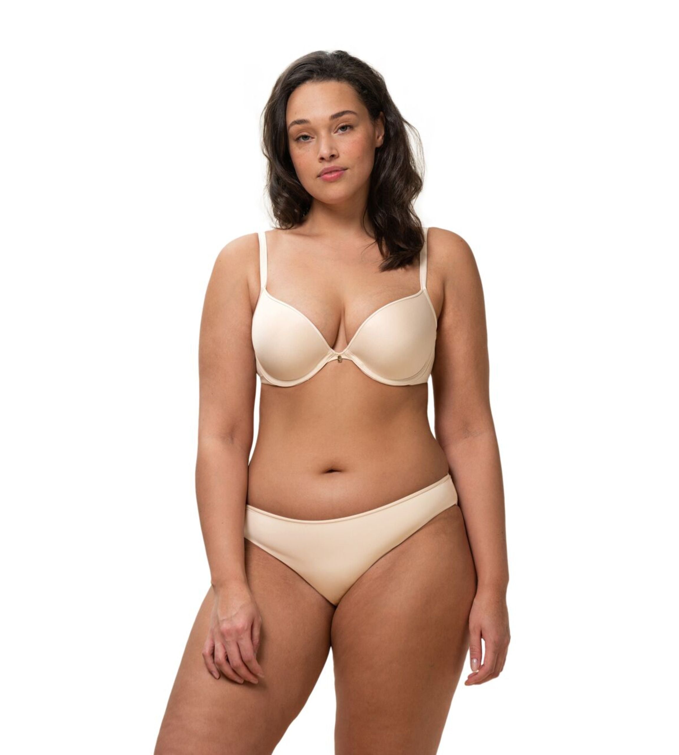 Triumph Body Make-Up Essentials nude beige push-up bra model full front view, showing the smooth padded cups and plunging neckline. Now Available Online