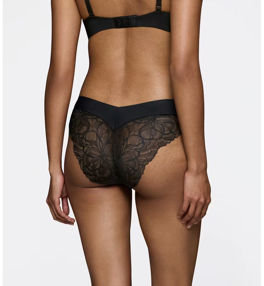 Triumph Body Make-Up Illusion Black lace tai panty model back view, highlighting the floral design and seamless lace finish. Available for Online Purchase