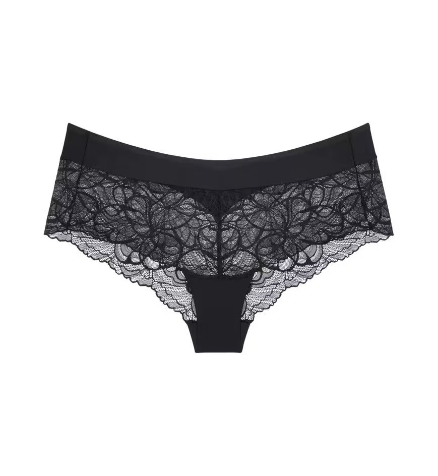 Triumph Body Make-Up Illusion black lace shorts panty product-only view, showcasing the floral lace and seamless waistband. Available Online at Blue Salon Qatar