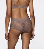 Triumph Body Make-Up Illusion grey lace shorts panty model back view, highlighting the floral lace detail and seamless finish. Order Online at Blue Salon Qatar