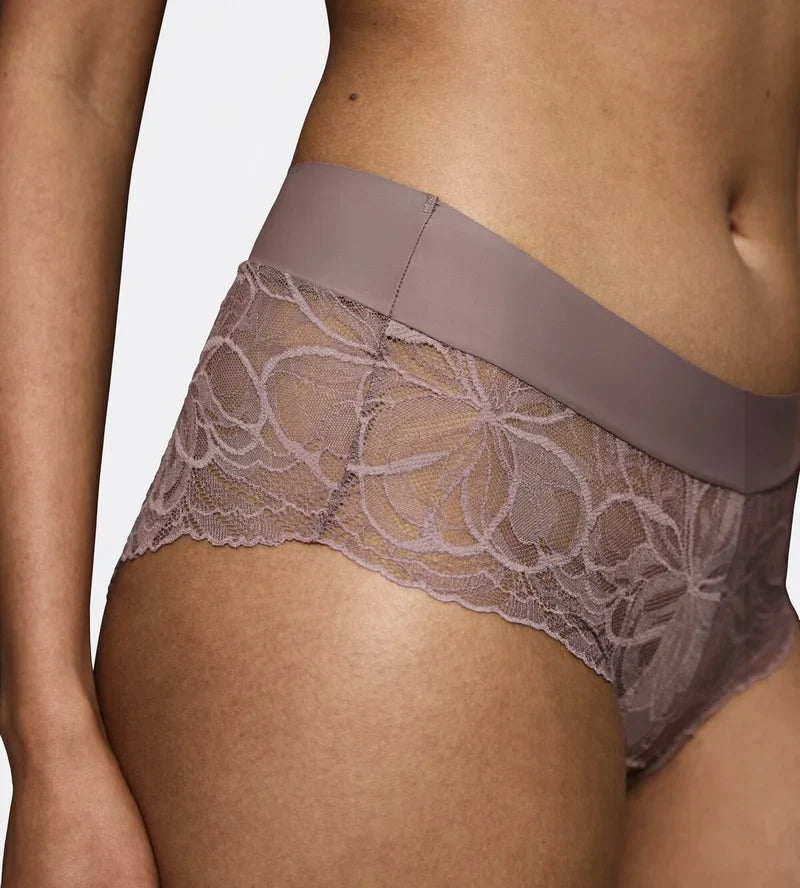 Triumph Body Make-Up Illusion grey lace shorts panty model close-up side view, highlighting the floral lace detail and seamless finish. Order Online at Blue Salon Qatar