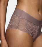 Triumph Body Make-Up Illusion grey lace shorts panty model close-up side view, highlighting the floral lace detail and seamless finish. Order Online at Blue Salon Qatar