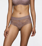 Triumph Body Make-Up Illusion grey lace shorts panty model front view, highlighting the floral lace detail and seamless finish. Order Online at Blue Salon Qatar