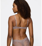 Triumph Body Make-Up Illusion lace grey wired padded bra model back view, showcasing the adjustable straps. Find Online Today