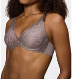 Triumph Body Make-Up Illusion lace grey wired padded bra model close-up side view, detailing the smooth floral lace cups and plunge neckline. Find Online Today