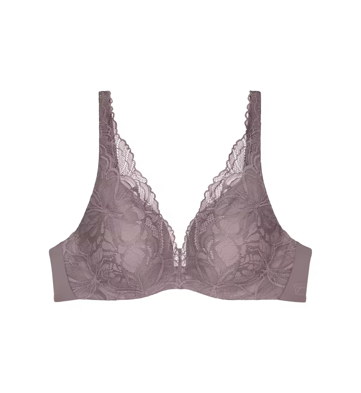 Triumph Body Make-Up Illusion lace grey wired padded bra product-only view, showcasing the smooth  floral lace cups and plunge neckline. Find Online Today