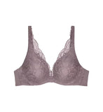 Triumph Body Make-Up Illusion lace grey wired padded bra product-only view, showcasing the smooth  floral lace cups and plunge neckline. Find Online Today