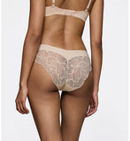 Triumph Body Make-Up Illusion lace nude beige tai panty model back view, showing the seamless floral lace details. Shop Online Today