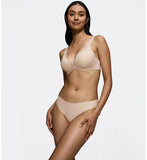 Triumph Body Make-Up Illusion lace nude beige tai panty model full front view, showing the seamless floral lace details. Shop Online Today