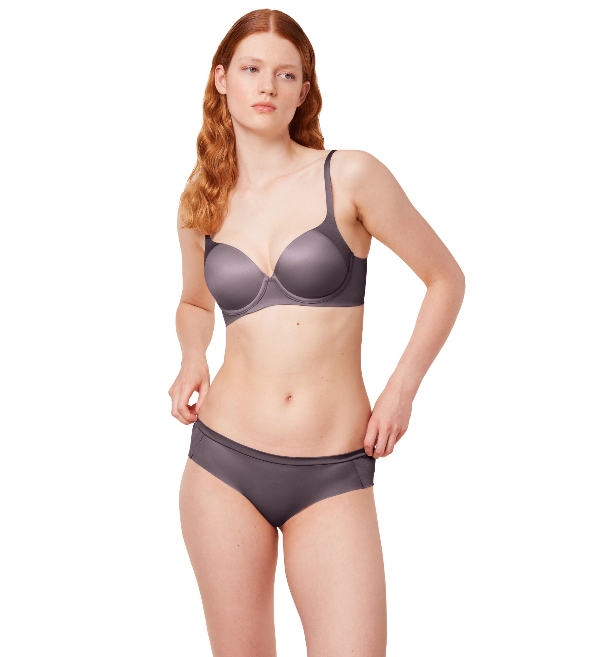 Triumph Body Make-Up Soft Touch grey hipster panty model front view, showing the seamless edges and soft-touch fabric. Find Online Now