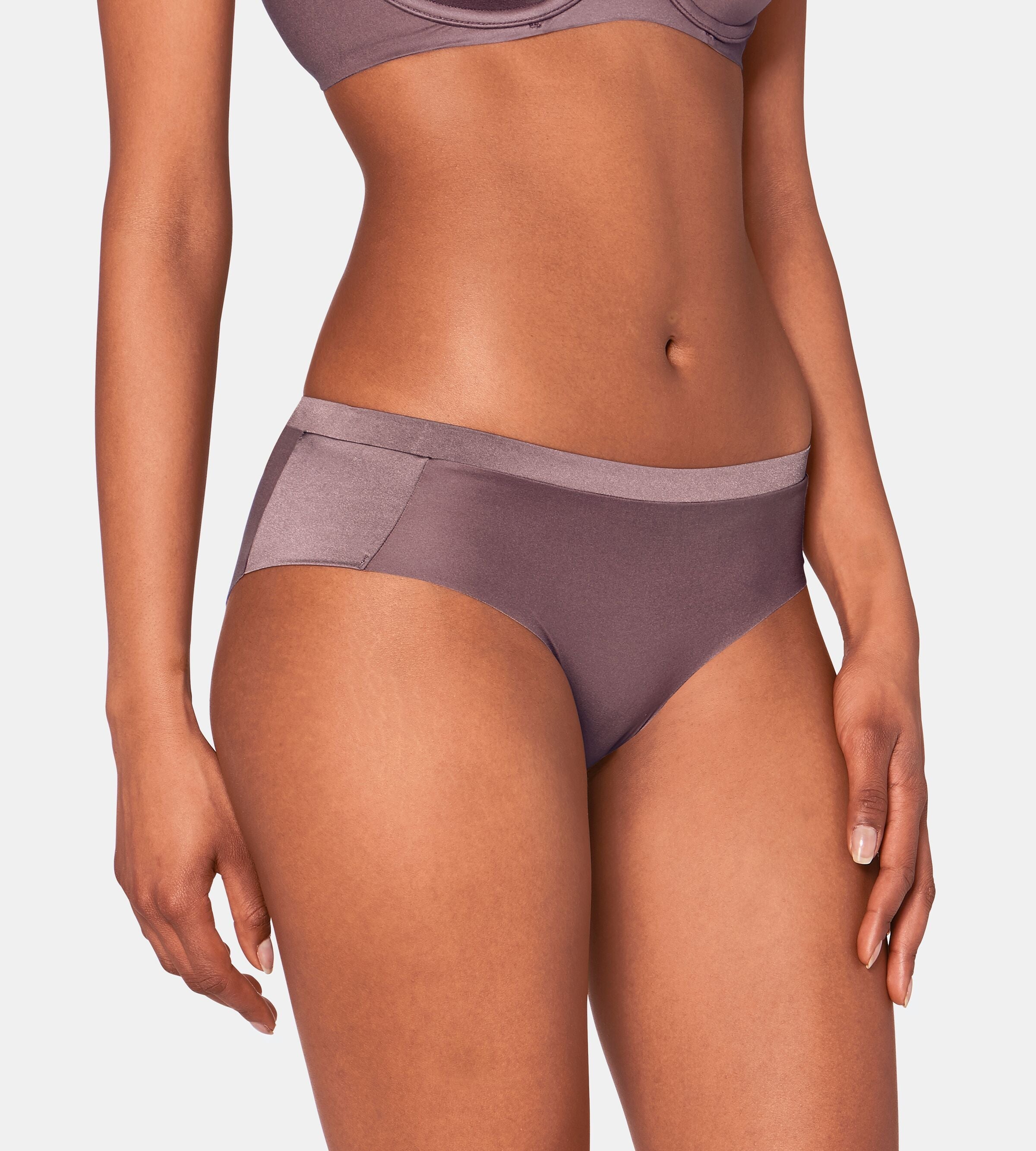 Triumph Body Make-Up Soft Touch grey hipster panty second model front view, showing the seamless edges and soft-touch fabric. Find Online Now