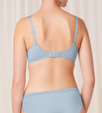 Triumph Body Make-Up Soft Touch light blue wired padded bra model back view, highlighting the adjustable straps. Shop Now Online