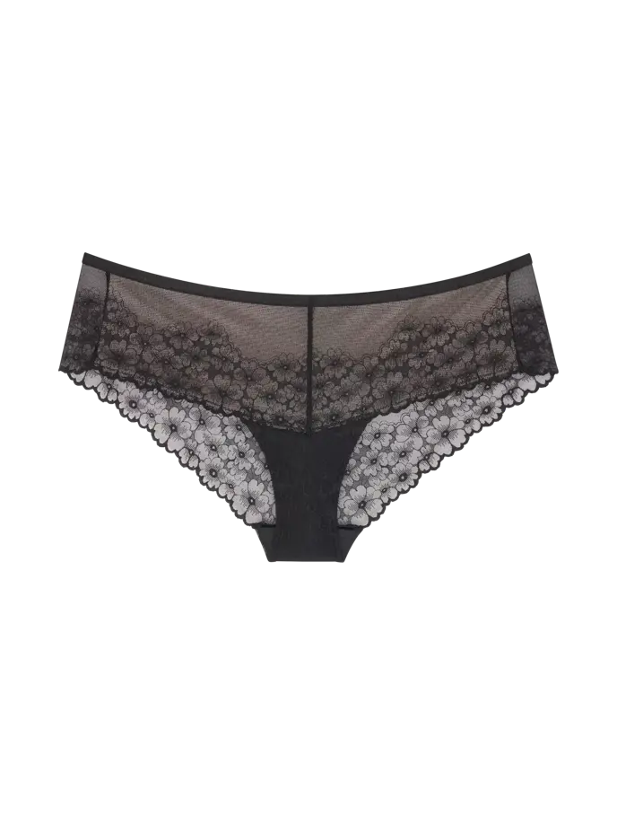 Triumph Bright Spotlight black hipster panty product-only view, showcasing the intricate graphic lace and comfortable fit. Order Online at Blue Salon Qatar
