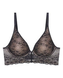 Triumph Bright Spotlight black padded bra product-only view, showcasing the detailed floral lace and elegant plunge neckline. Shop Now Online