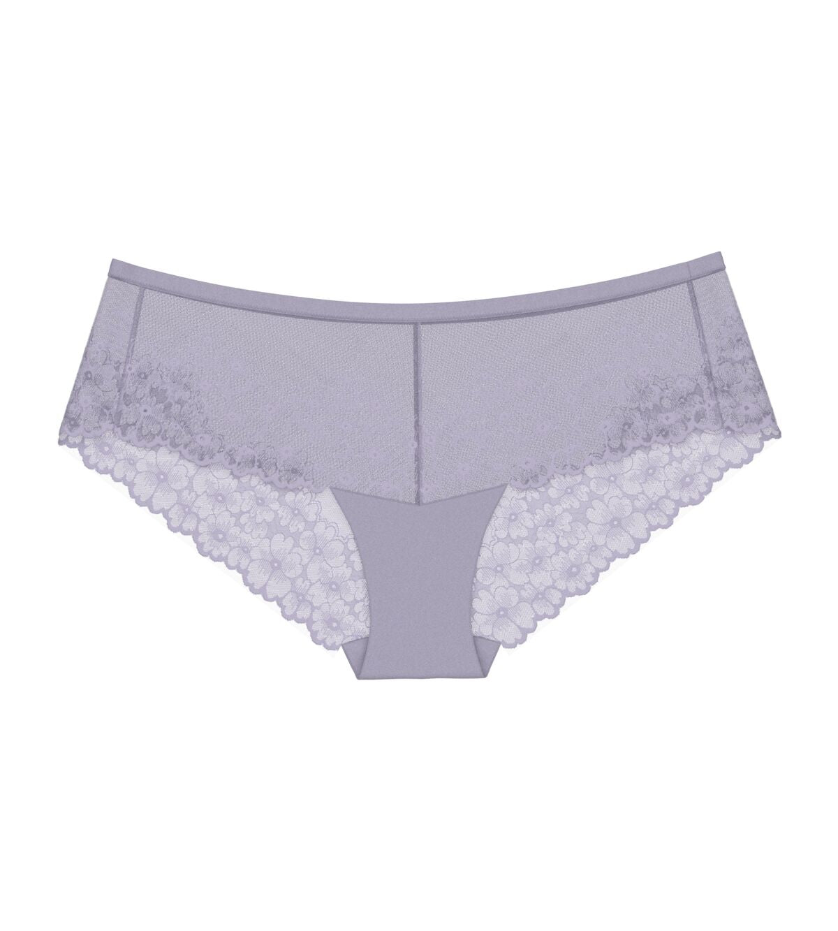 Triumph Bright Spotlight lilac hipster panty product-only view, showcasing the intricate floral lace and soft pastel color. Available Online at Blue Salon Qatar