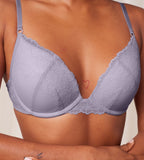 Triumph Bright Spotlight lilac wired push-up bra model close-up view, highlighting the intricate floral lace and padded cup design. Shop the Latest Online