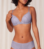 Triumph Bright Spotlight lilac wired push-up bra model front view, highlighting the intricate floral lace and padded cup design. Shop the Latest Online