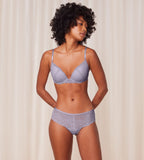 Triumph Bright Spotlight lilac wired push-up bra model full front view, highlighting the intricate floral lace and padded cup design. Shop the Latest Online