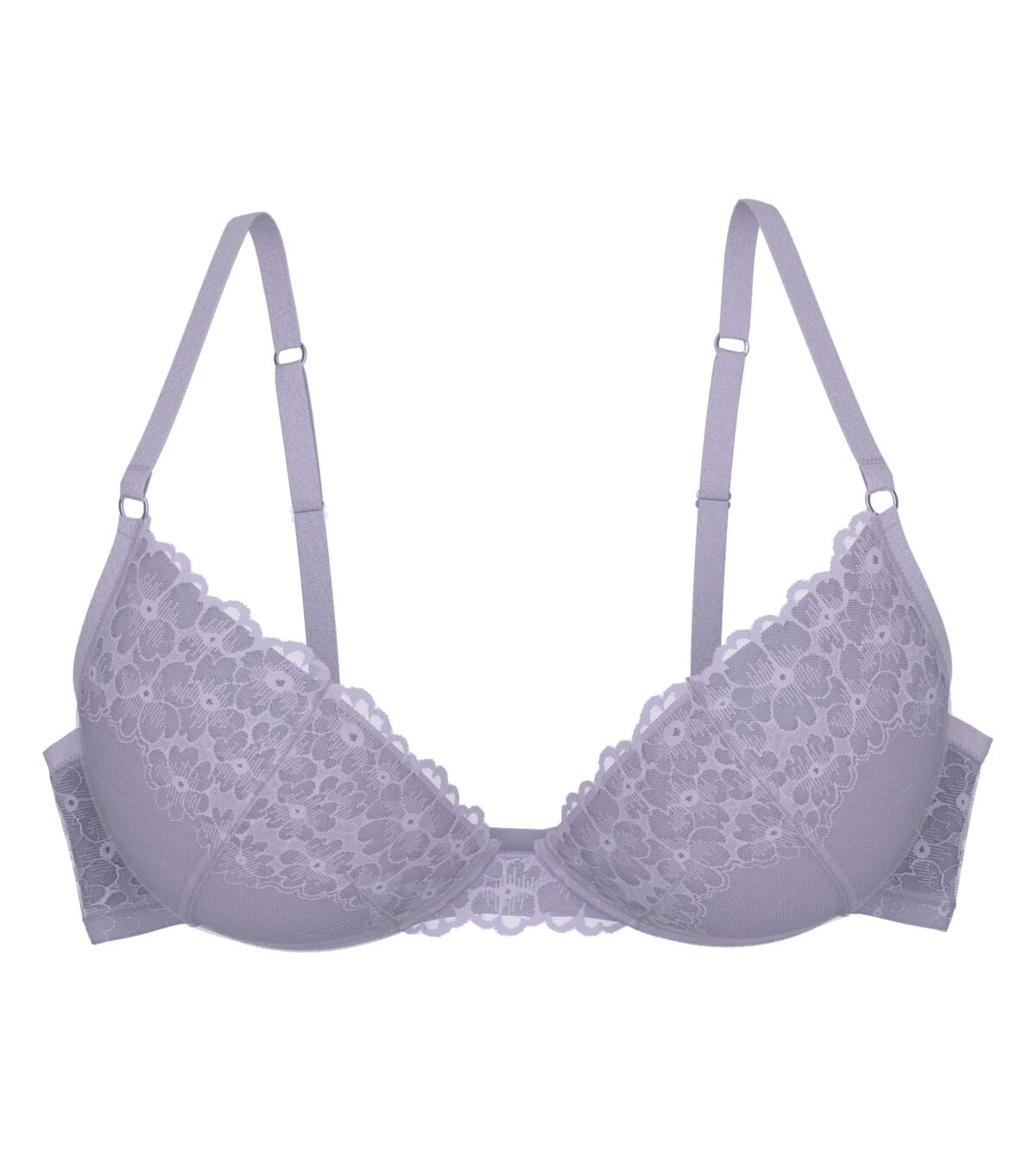Triumph Bright Spotlight lilac wired push-up bra product-only view, highlighting the intricate floral lace and padded cup design. Shop the Latest Online