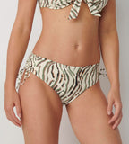 Triumph Charm Elegance 2.0 multicolored midi bikini bottoms model front view, showcasing the artistic print and classic hip-fit design. Available Now Online