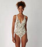 Triumph Charm Elegance 2.0 multicolored one-piece swimsuit model front view, highlighting the ruched front and elegant artistic print. Shop Online Today