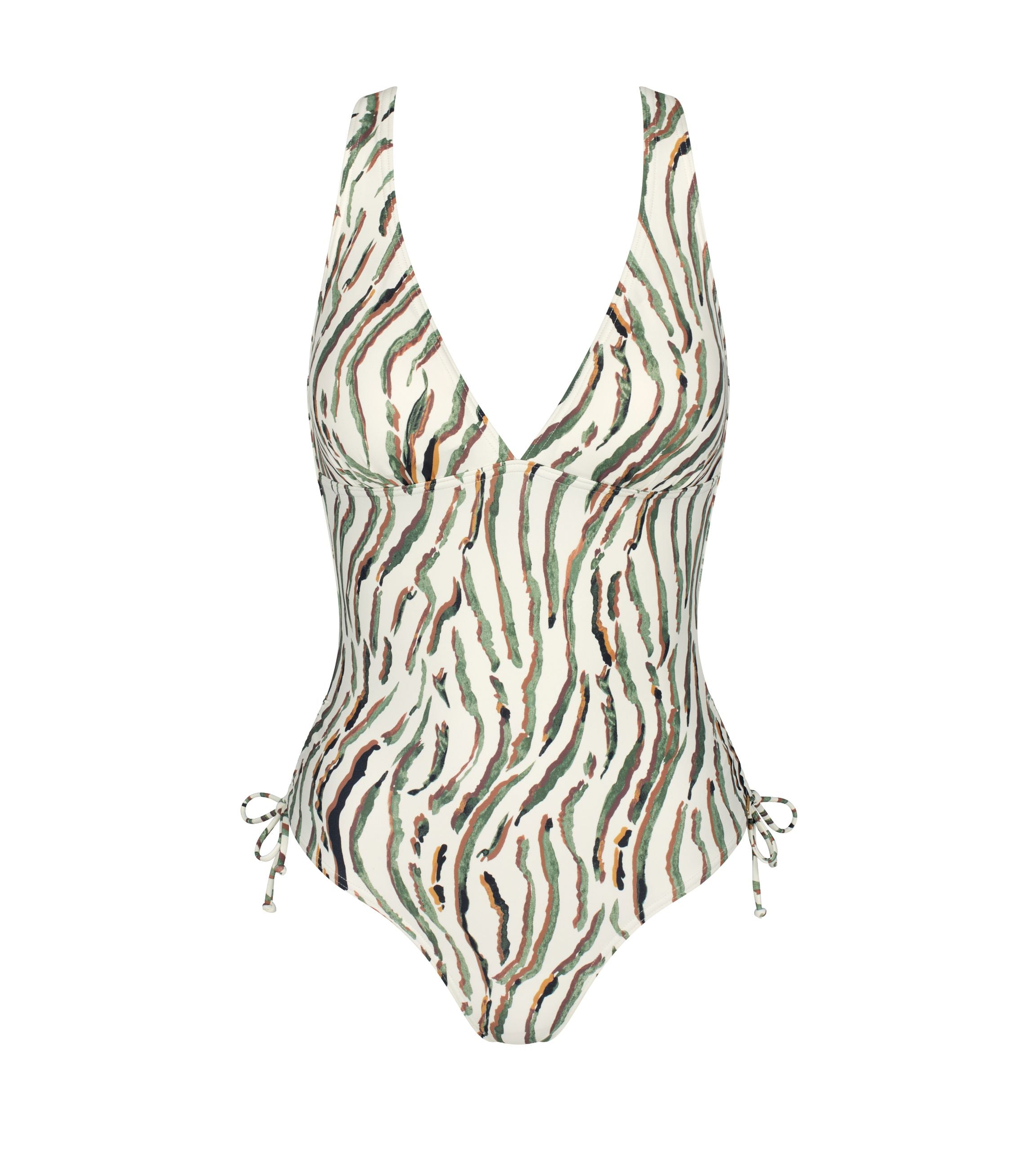Triumph Charm Elegance 2.0 multicolored one-piece swimsuit product-only view, highlighting the ruched front and elegant artistic print. Shop Online Today