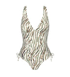 Triumph Charm Elegance 2.0 multicolored one-piece swimsuit product-only view, highlighting the ruched front and elegant artistic print. Shop Online Today