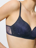 Triumph Delightful Spotlight dark blue padded bra model close-up view, highlighting the smooth cups and decorative lace detailing. Available for Online Purchase