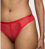 Triumph Delightful Spotlight red Brazilian panty model close-up view, detailing the graphic lace and low-coverage design. Order Online Today