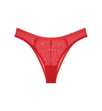 Triumph Delightful Spotlight red Brazilian panty product-only view, showcasing the graphic lace and low-coverage design. Order Online Today