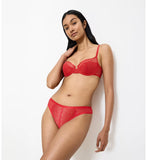 Triumph Delightful Spotlight red wired bra model full front view, showcasing the intricate graphic lace and feminine balcony silhouette. Shop Online Today