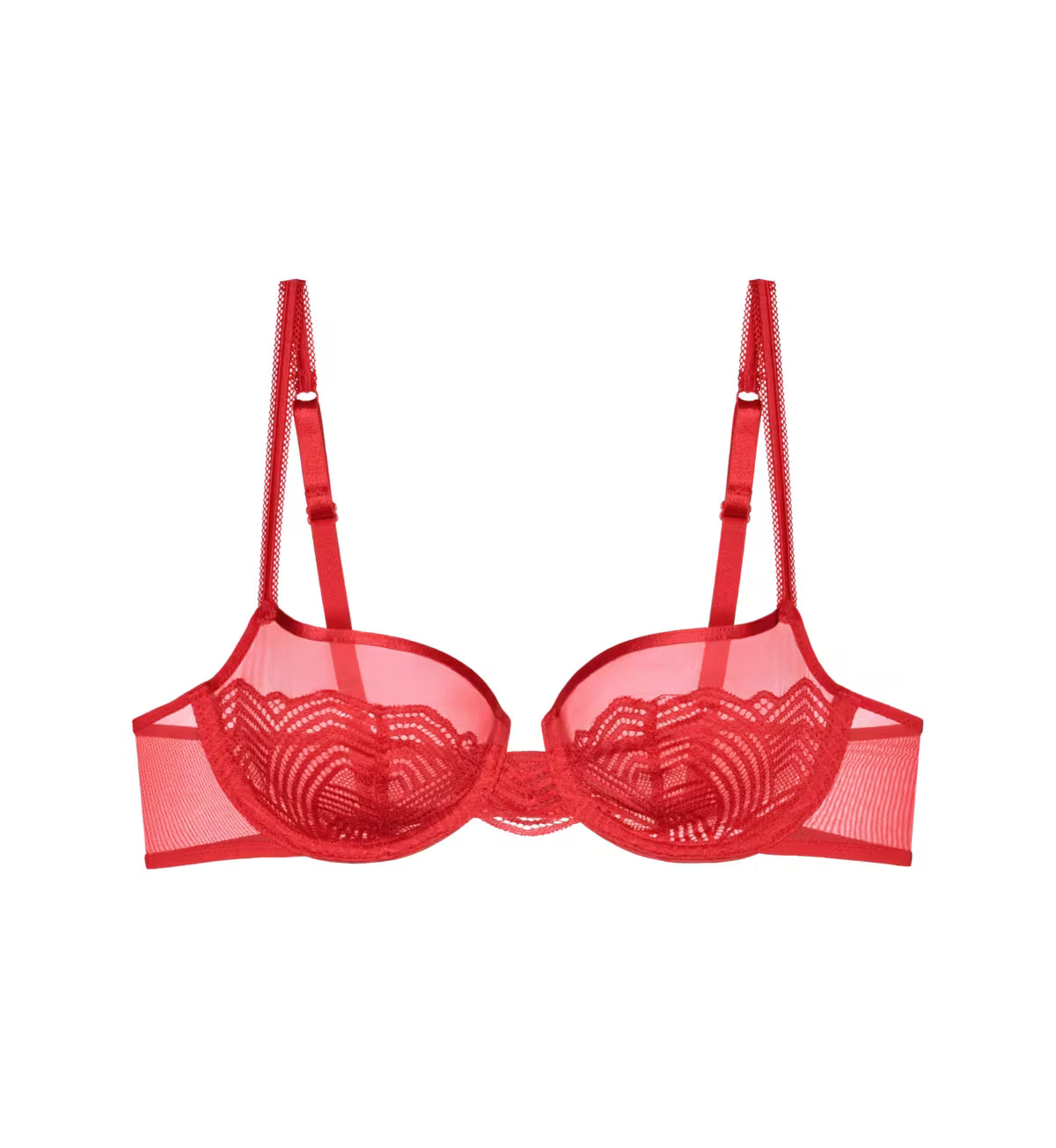 Triumph Delightful Spotlight red wired bra product-only view, showcasing the intricate graphic lace and feminine balcony silhouette. Shop Online Today