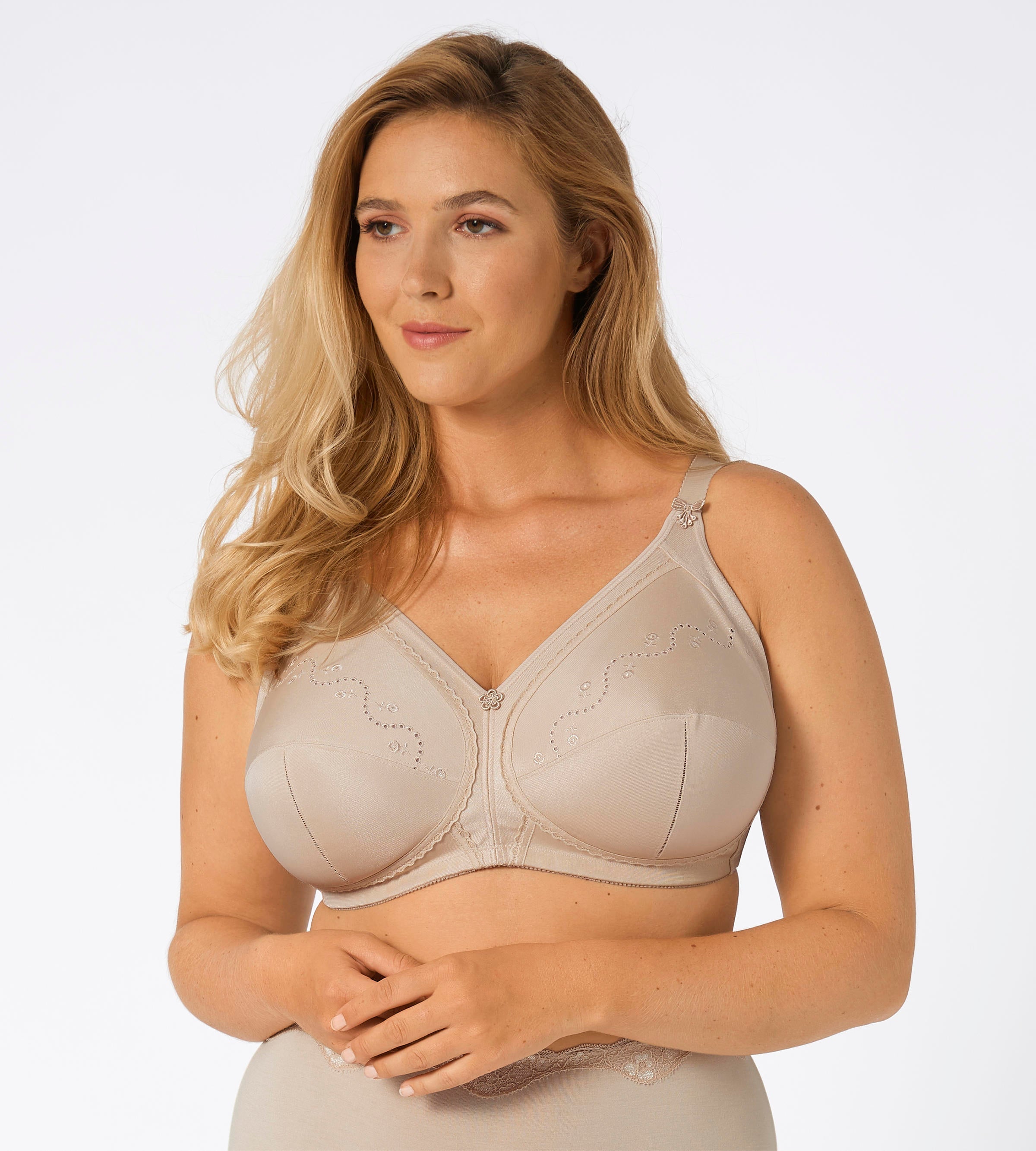 Triumph Doreen + Cotton Non-Wired Beige Bra, front view on model –  Order Online Today