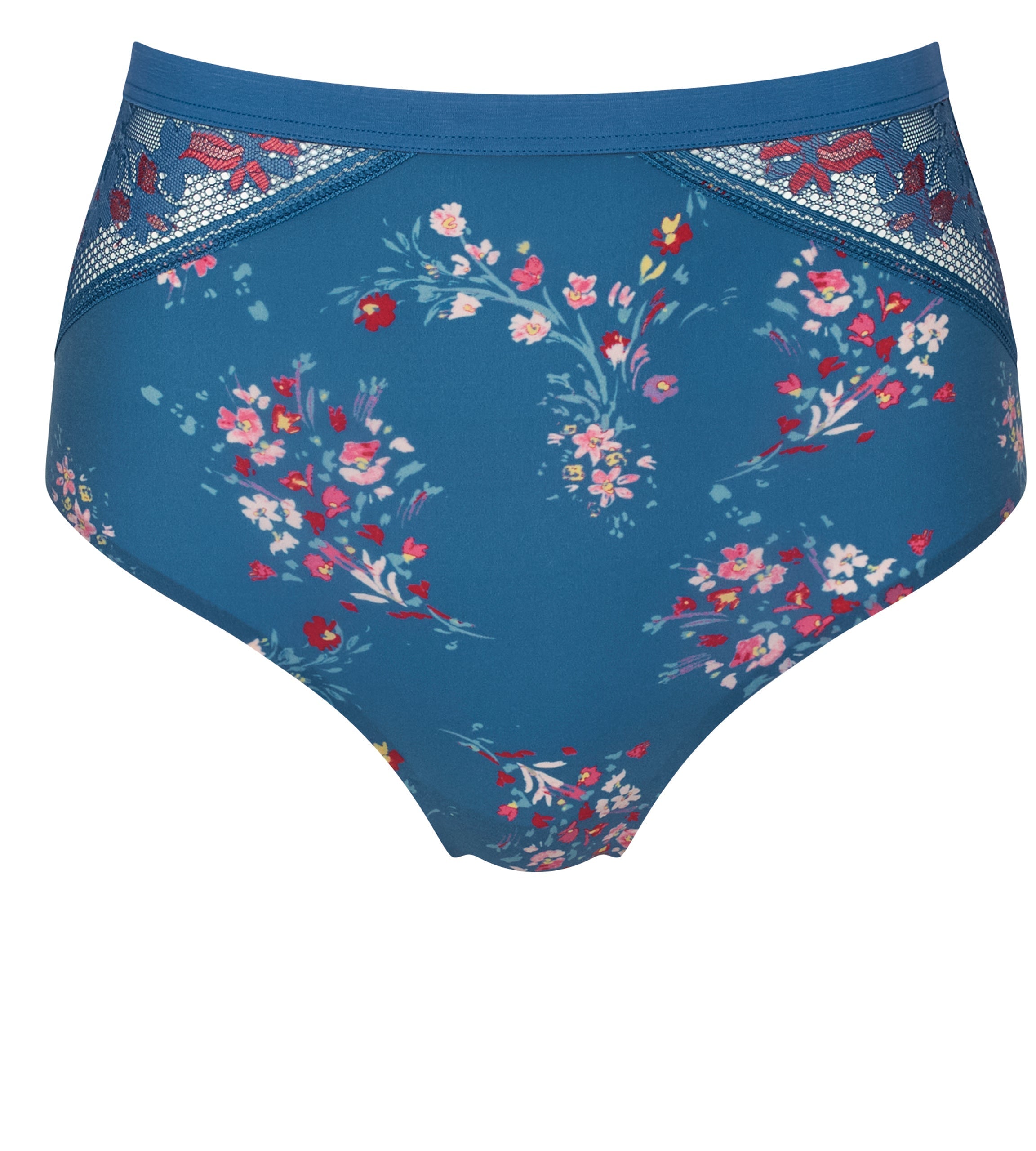 Triumph Electra Spotlight blue high waist thong product-only view, highlighting the floral mesh and high-waist silhouette. Available Online Today
