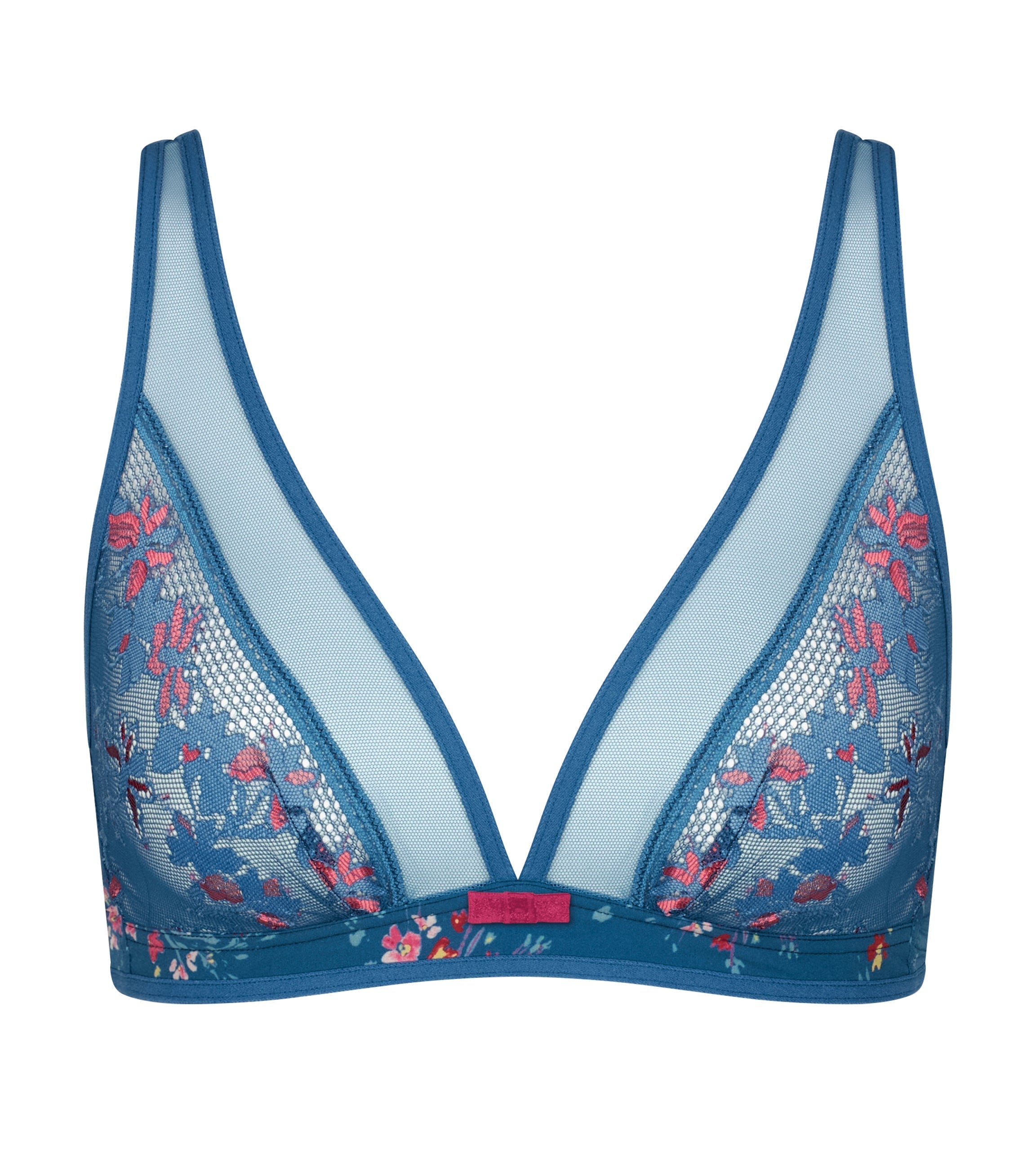 Triumph Electra Spotlight blue non-wired bra product-only view, highlighting the triangle lace cups and deep blue color with floral design. Find Online Now