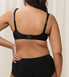 Triumph Essential Minimizer black underwired bra model back view, showing the wide adjustable straps and back closure. Shop the Latest Online