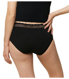 Triumph Feel Of Modal black midi panties model back view, highlighting the soft jersey texture and decorative lace waistband. Shop Now Online