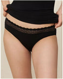 Triumph Feel Of Modal black tai panties model front view, showcasing the high-cut leg and decorative lace waistband. Shop Now Online