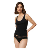 Triumph Feel Of Modal black tai panties model full front view, showcasing the high-cut leg and decorative lace waistband. Shop Now Online