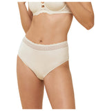 Triumph Feel Of Modal light beige midi panties model front view, showing the silky fabric and a decorative lace waistband. Available Online