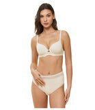 Triumph Feel Of Modal light beige midi panties model full front view, showing the silky fabric and a decorative lace waistband. Available Online