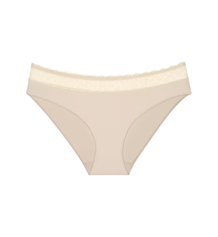 Triumph Feel Of Modal light beige tai panties product-only view, highlighting the high-cut leg and decorative lace waistband. Order Online Today