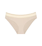 Triumph Feel Of Modal light beige tai panties product-only view, highlighting the high-cut leg and decorative lace waistband. Order Online Today